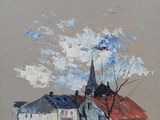 an image of a painting of a village with a church in the background