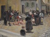 a painting of a group of people on the street