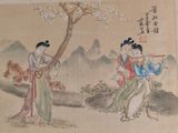 a painting of two women standing under a tree