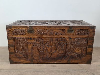 an old wooden chest with carvings on the sides