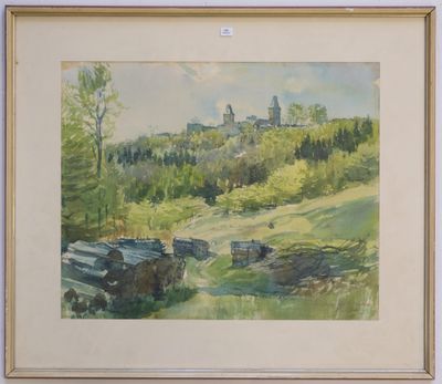 a picture of a painting of a landscape with a castle in the background