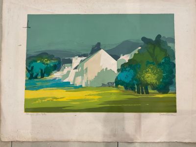 an image of a picture of a painting of a house in a field