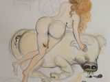 a drawing of a nude woman laying on a dog