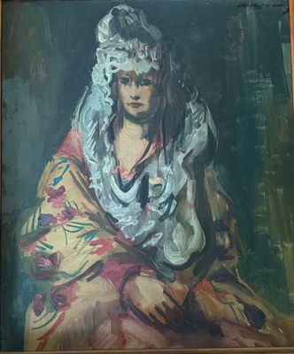 tableau représentant une femme coiffée d'une coiffe blanche, assise devant un tableau