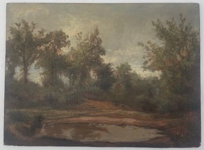 l'image d'une peinture représentant un chemin de terre avec des arbres en arrière-plan