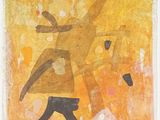une peinture abstraite représentant une femme lançant une balle en l'air