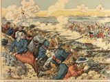 illustration of a war scene with a large group of men in uniform