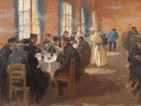 une peinture représentant un groupe de personnes assises autour d'une table