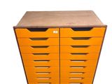 yellow filing cabinet with five drawers and a wooden top