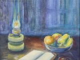 an oil painting of a book and a bowl of fruit on a table