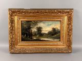 une peinture à l'huile représentant une scène au bord d'une rivière, avec un homme et un chien