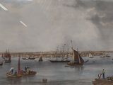 une peinture représentant une vue d'un port avec des bateaux dans l'eau