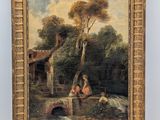 an oil painting of a man and a woman sitting on a bridge by a stream