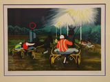 a painting of a man riding a horse drawn carriage