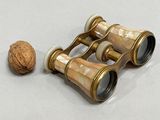 two binoculars sitting next to a walnut on a table