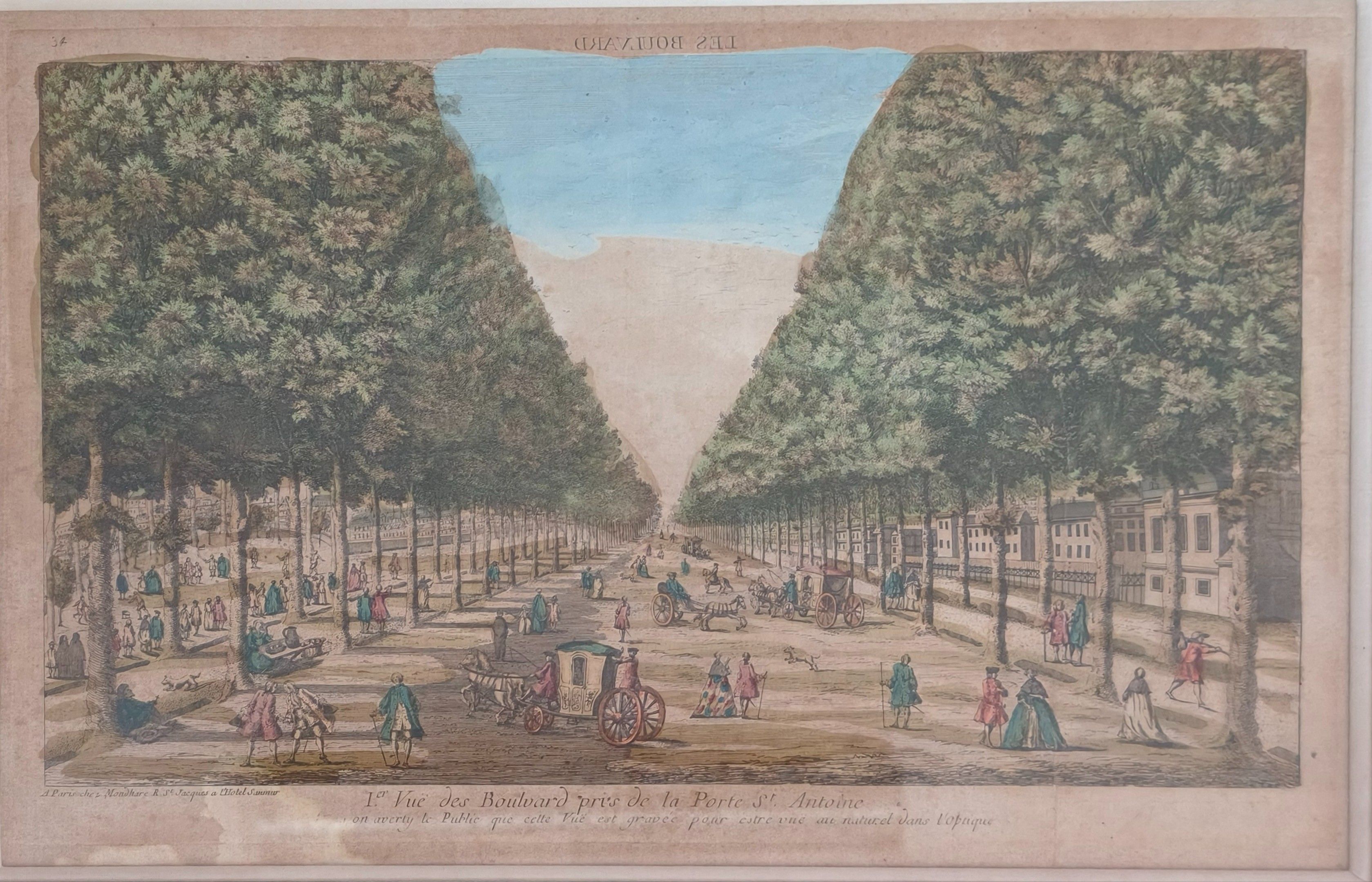 Première vue des boulevards, près de la porte Saint Antoine. Vue d'optique gravée en couleurs chez Mondhare à Paris. ...