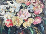 painting of a vase of flowers and a bird on a table