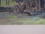 a painting of a horse drawn carriage in front of a building