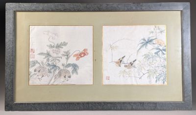 two framed asian paintings of birds and flowers on a wall