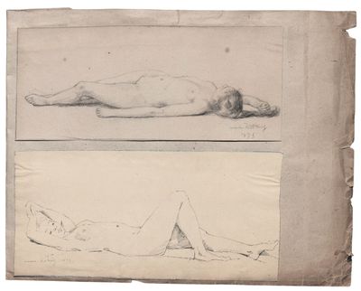 deux dessins représentant une femme allongée sur le ventre et un homme allongé par terre
