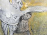 tableau représentant une femme et un ours dans un champ, sur fond jaune