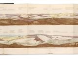 un livre ouvert avec, au milieu, le dessin d'une chaîne de montagnes