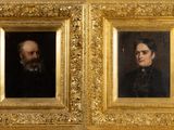 two portraits of a man and a woman in a gold frame