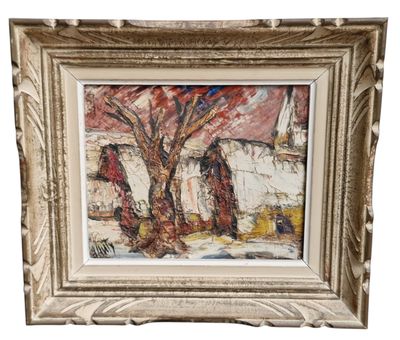 un tableau représentant un arbre, dans un cadre blanc, sur fond blanc