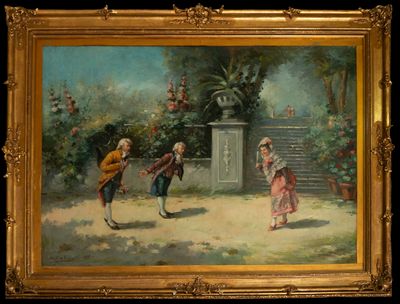tableau représentant deux enfants jouant au tennis dans un jardin