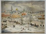 tableau représentant une scène hivernale d'une ville avec des personnages et des bâtiments
