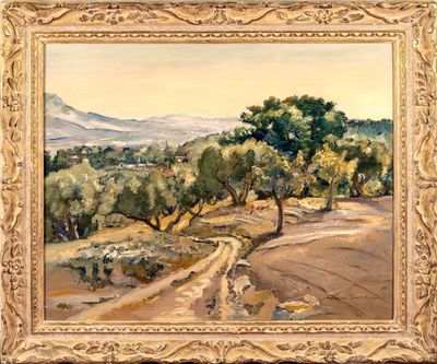 a painting of a dirt road with trees and mountains in the background