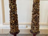 pair of lamps made of wood and rattans with metal bases