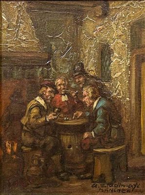 tableau représentant un groupe d'hommes jouant aux cartes dans une taverne