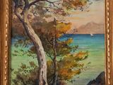 an oil painting of a tree by the water with a sailboat in the distance