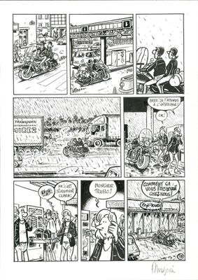 une image tirée d'une bande dessinée représentant un homme à moto sous la pluie