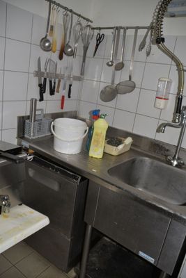 une cuisine équipée d'un évier, d'un lave-vaisselle et d'autres éléments fixés au mur