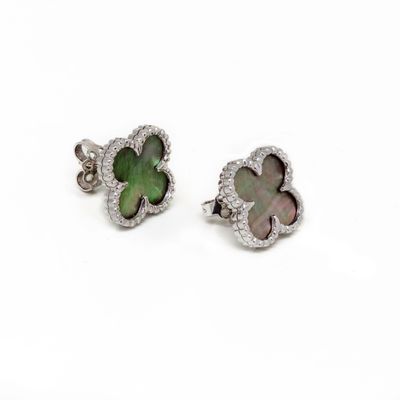 an image of a pair of green and white mother of pearl clover earrings