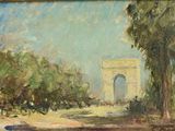 une peinture à l'huile représentant une peinture d'un portail dans un parc