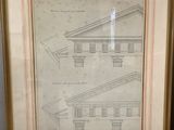 framed architectural drawing of a two story house with columns and a porch