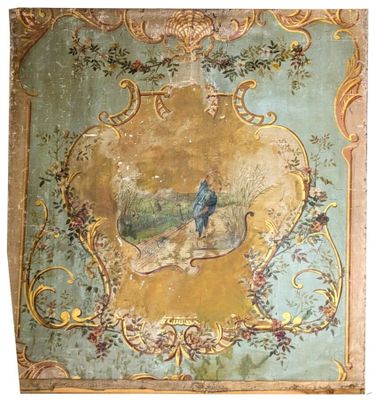 Grande toile peinte représentant une scène d'extérieur en ré…