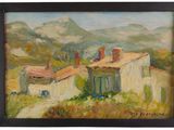 une peinture à l'huile représentant une maison sur une colline, avec des montagnes en arrière-plan