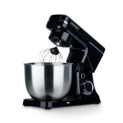 a black mixer with a metal bowl on a stand