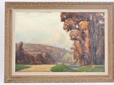 une peinture à l'huile représentant un paysage avec des arbres et une route