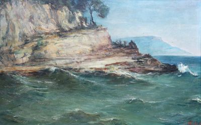 une peinture à l'huile représentant une falaise rocheuse avec un plan d'eau au premier plan