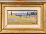 un tableau représentant un champ avec des arbres et des collines en arrière-plan