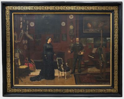 painting of a man and a woman in a living room with a dog