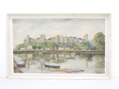 a painting of a boat on the water in front of a city
