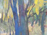 une peinture à l'huile représentant des arbres dans une forêt aux feuilles jaunes et bleues