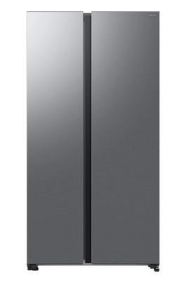 a silver refrigerator freezer sitting on top of a white surface