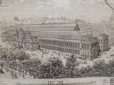 a drawing of a large building in the middle of a park